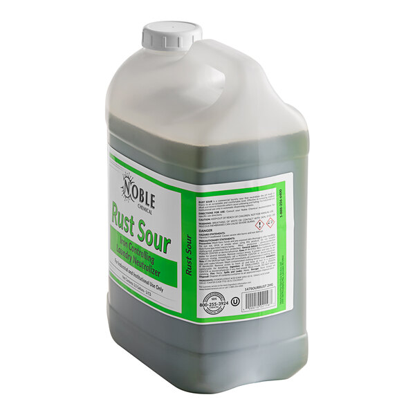 A large jug of green Noble Chemical Rust Removing Laundry Sour with a label.