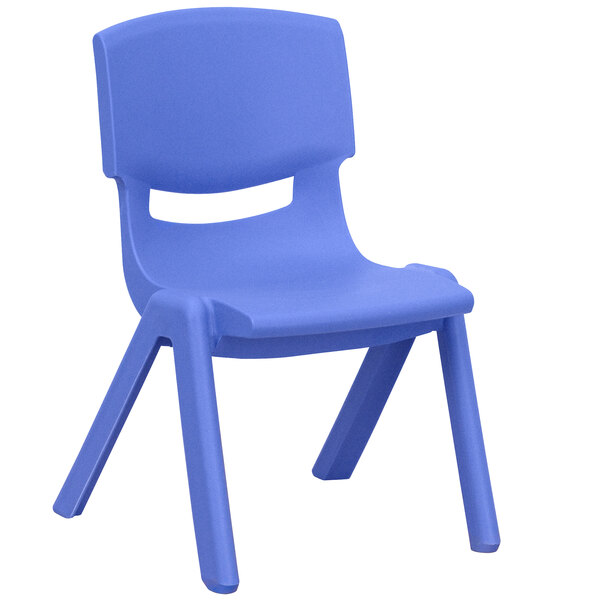 A blue plastic Flash Furniture school chair with legs.