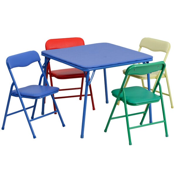 A Flash Furniture kids' rectangular folding table in blue with red and blue chairs.