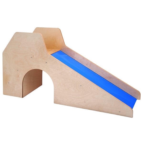 A Whitney Brothers wooden toddler slide with blue surface.