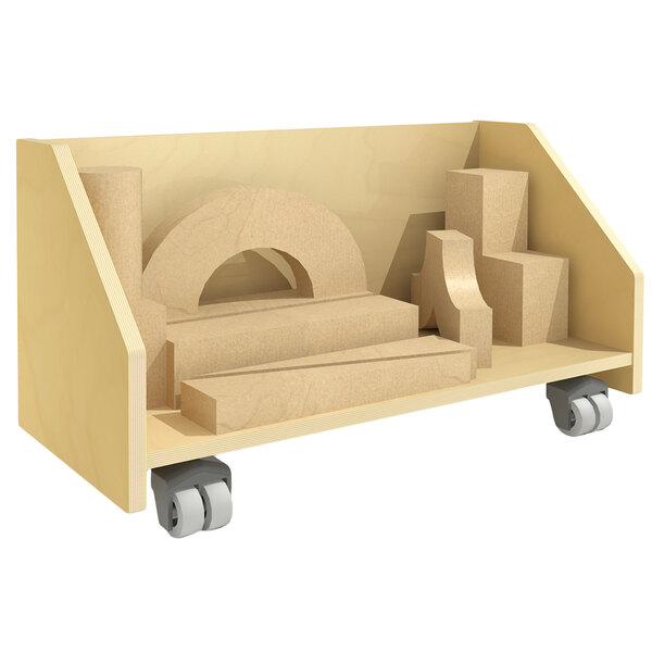 A wooden mobile storage cart with shelves and wheels holding a few building blocks.