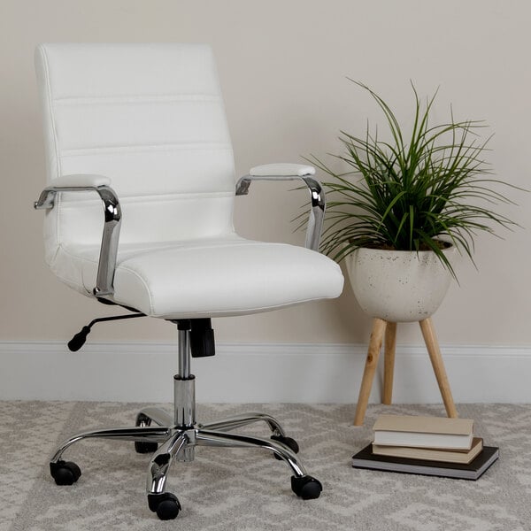 Flash Furniture Go 2286m Wh Gg Mid Back, White Leather And Chrome Office Chair