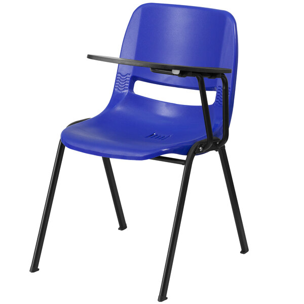 A blue Flash Furniture ergonomic shell chair with a black left handed tablet arm.