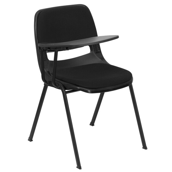 A black Flash Furniture classroom chair with a right handed desk tablet.
