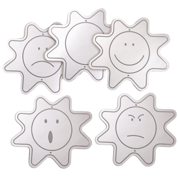 Five white plastic suns with different expressions including sad and surprised faces.