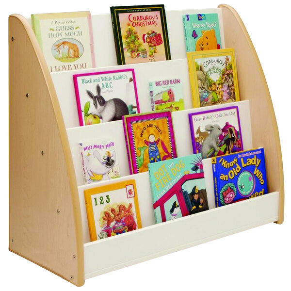 A wooden book rack with many books on it.