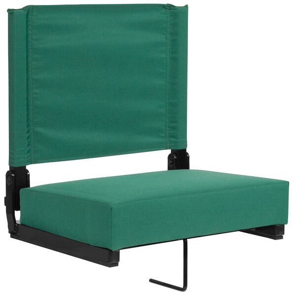A Flash Furniture Grandstand Hunter Green Ultra-Padded Bleacher Comfort Seat with a black frame.