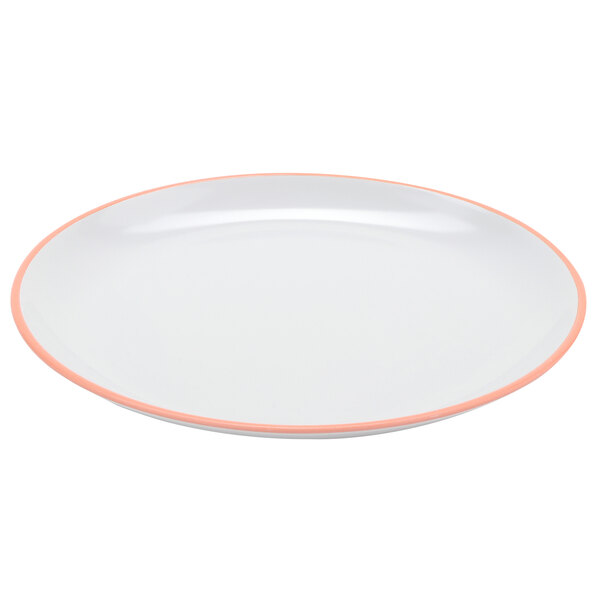 A white GET Settlement Oasis melamine dinner plate with a pink rim.