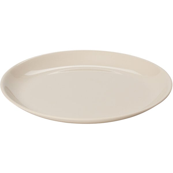 A white round melamine dinner plate with a small rim.