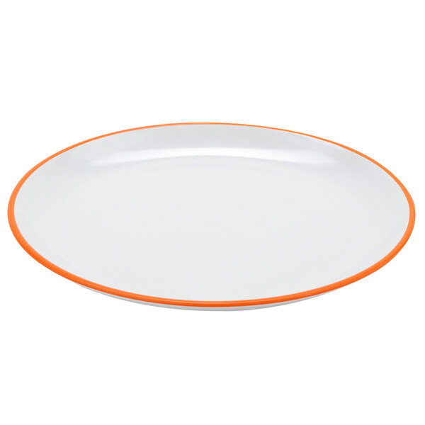 A white melamine round coupe dinner plate with a tangerine orange rim.