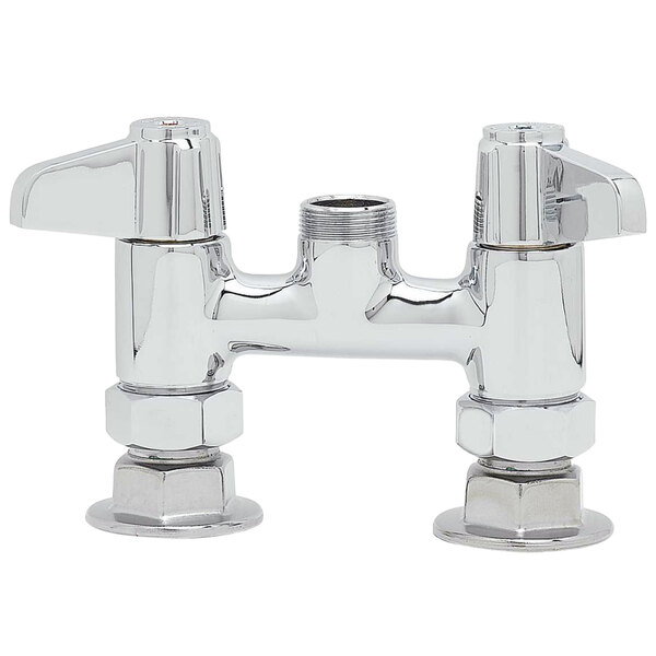 A white Equip by T&S deck mount faucet base with two swivel handles.