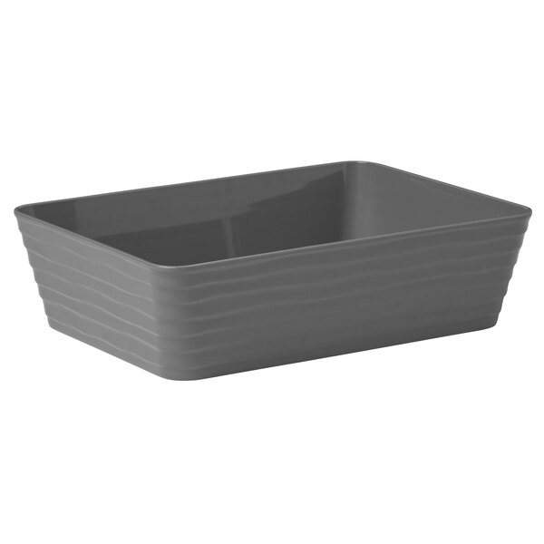 An American Metalcraft rectangular gray plastic serving dish with wavy lines and a handle.