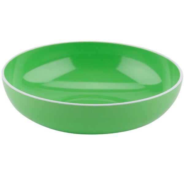 An apple green melamine serving bowl with white trim.
