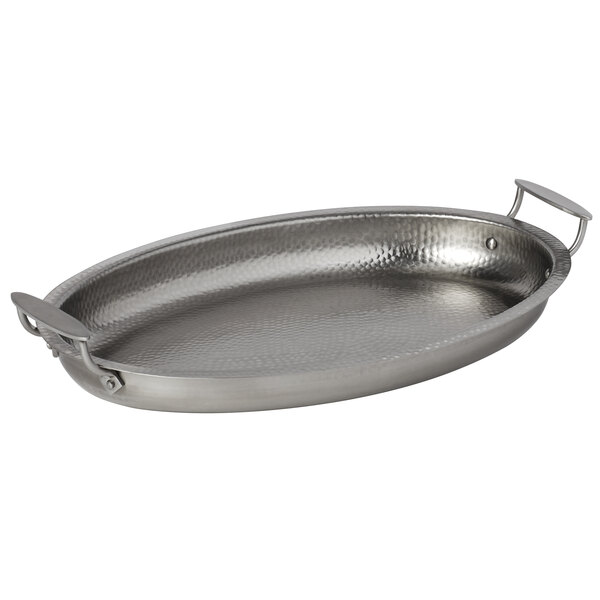 An American Metalcraft stainless steel oval serving pan with handles.