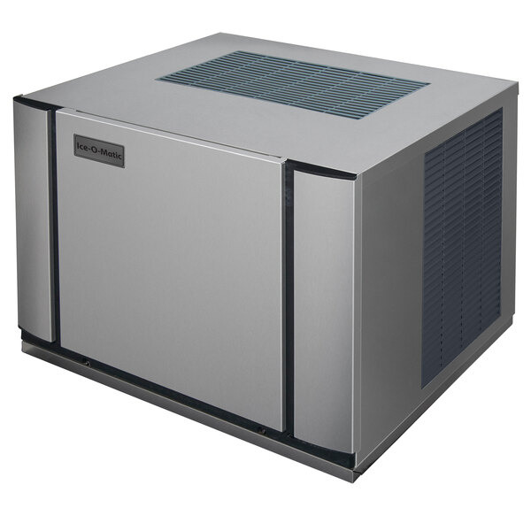 A grey rectangular Ice-O-Matic air cooled ice machine with vents on the side.