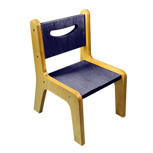A wooden chair with a blue seat and back.
