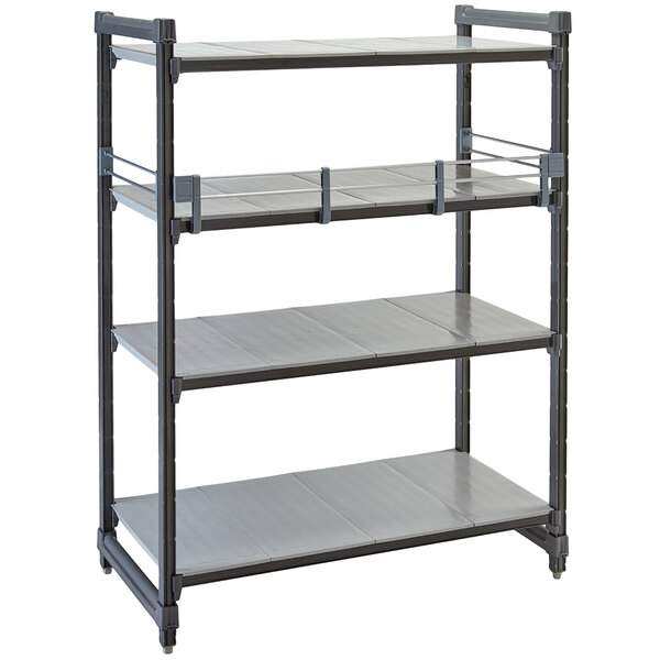 A grey metal Cambro shelf rail kit installed on a grey metal shelf with three shelves.