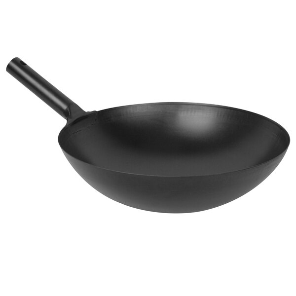 A black Thunder Group steel mandarin wok with a handle.