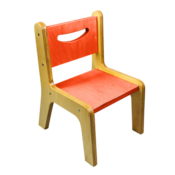 A Whitney Brothers wooden children's chair with a hot pumpkin seat and back.