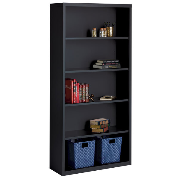 A black Hirsh steel bookcase with shelves and blue baskets on them.