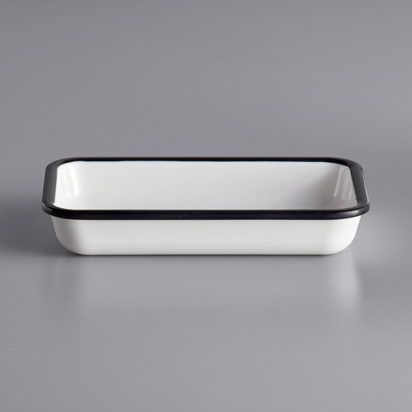 A white and black rectangular American Metalcraft melamine serving tray with a black rim.