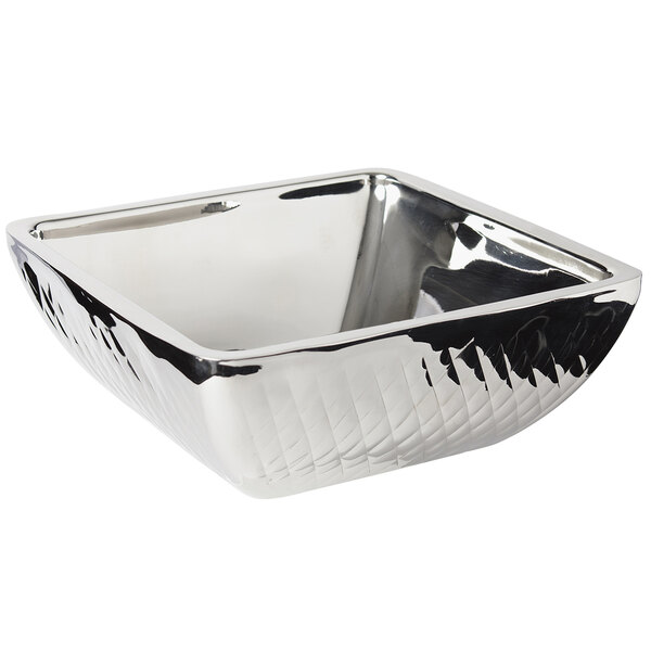 A silver square Bon Chef bowl with a patterned design.