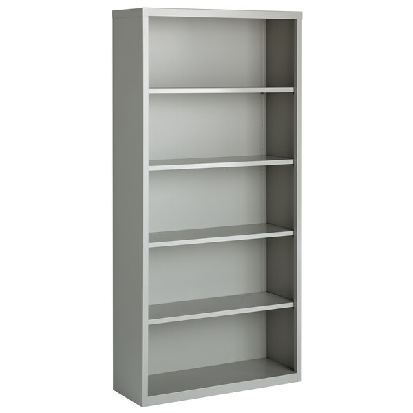 A light gray Hirsh steel bookcase with five shelves.