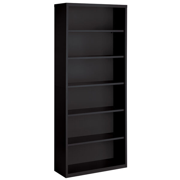 A Hirsh black steel bookcase with six shelves.