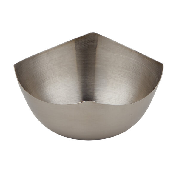 An American Metalcraft stainless steel bowl with a curved edge.