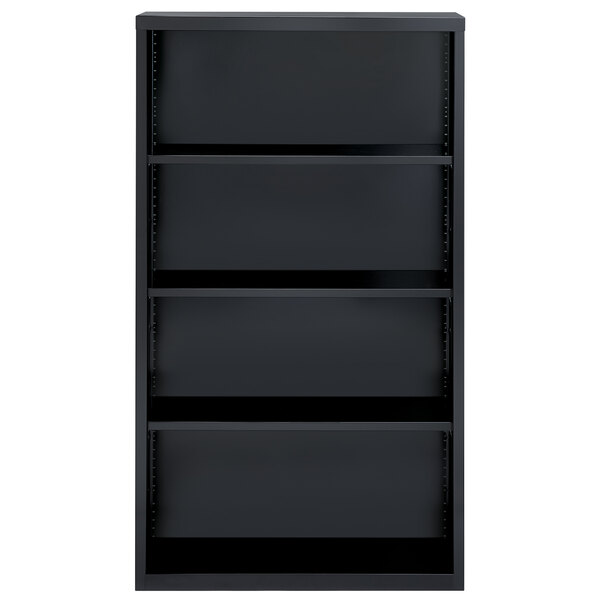 A black Hirsh steel bookcase with four shelves.