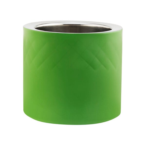 A lime green Bon Chef salad dressing container with a silver rim.