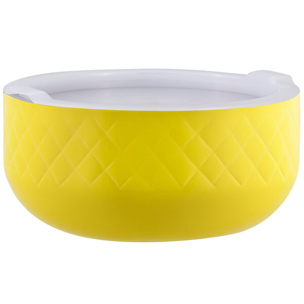 A yellow Bon Chef serving bowl with a white lid.