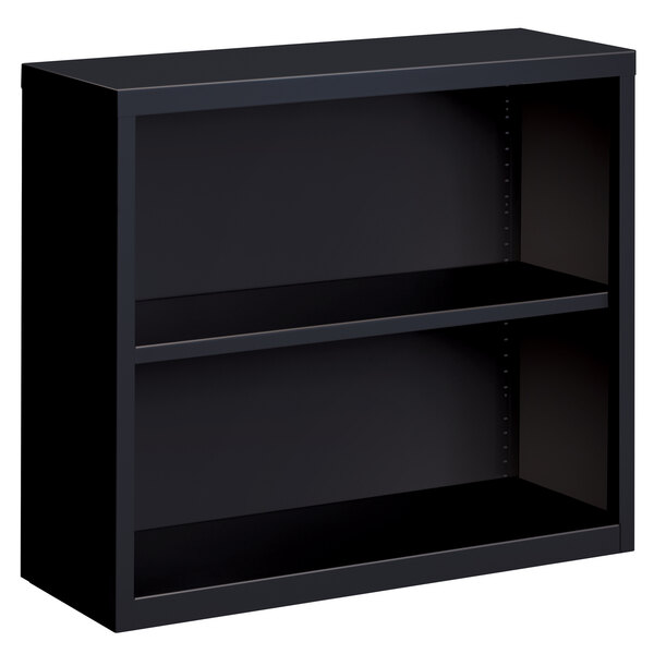 A black Hirsh welded steel bookcase with two shelves.