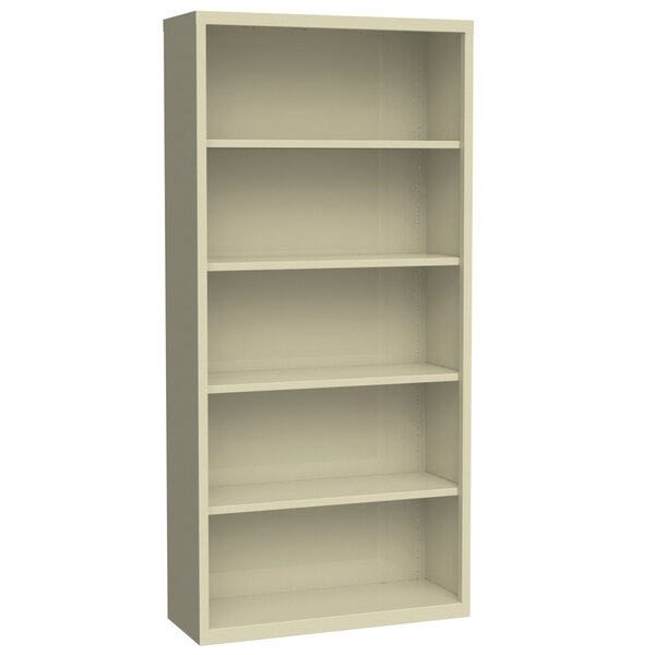 A beige Hirsh welded steel bookcase with five shelves.