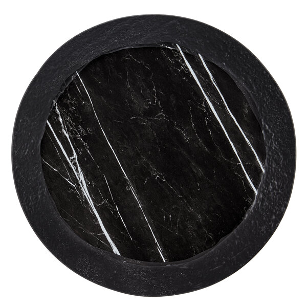 An American Metalcraft black marble and white melamine serving platter with white lines.