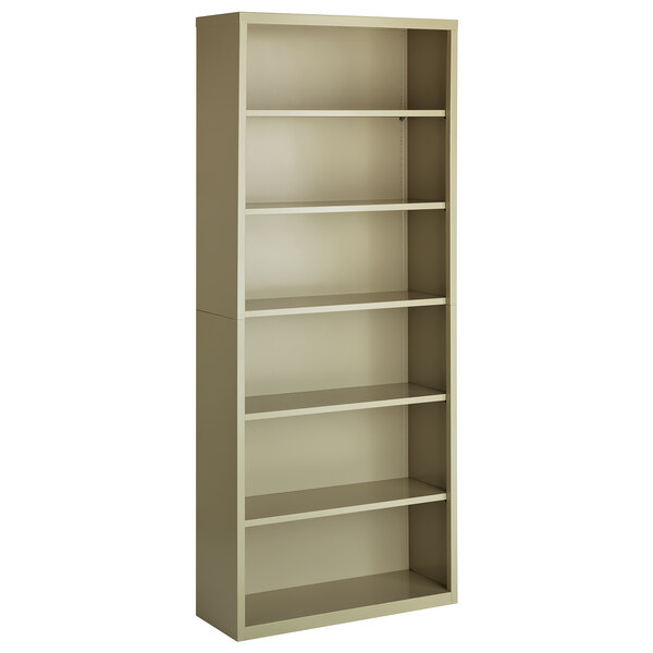 A putty Hirsh welded steel bookcase with six shelves.