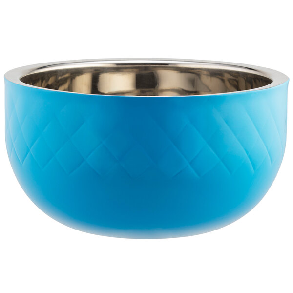 A Caribbean blue bowl with a silver rim.