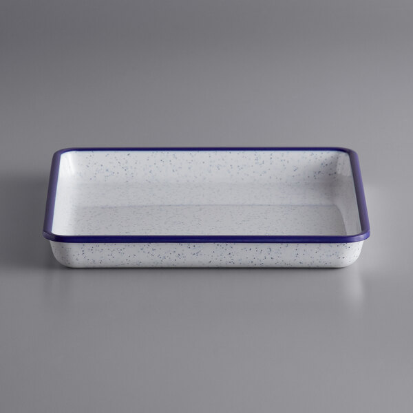 An American Metalcraft white and blue speckled rectangular melamine tray.