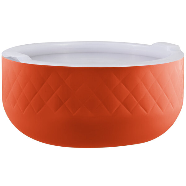 An orange Bon Chef serving bowl with a white rim and lid.