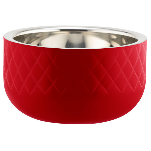 A red Bon Chef bowl with a diamond pattern and silver rim.