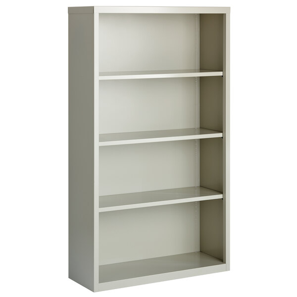 A light gray Hirsh bookcase with four shelves.