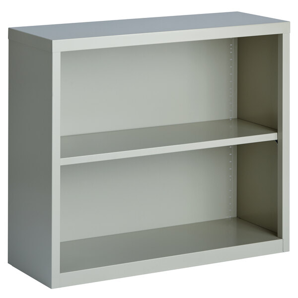A light gray Hirsh steel bookcase with two shelves.