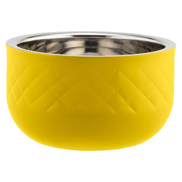 A yellow Bon Chef bowl with a stainless steel rim.