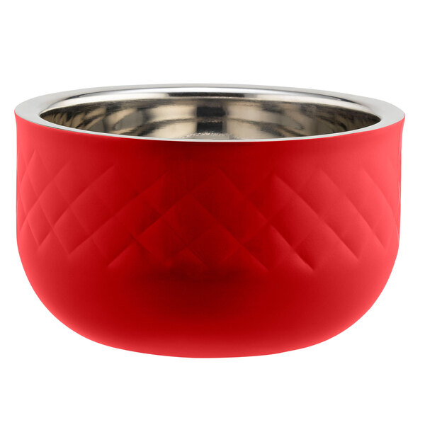 A red Bon Chef bowl with a stainless steel rim.