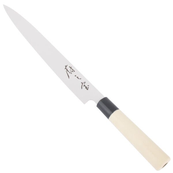 A Mercer Culinary Sashimi Knife with a white handle and black accents.