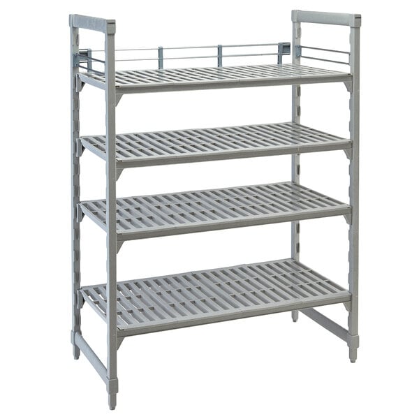 A grey metal shelf rail kit for a Cambro Camshelving® Premium unit with four shelves.