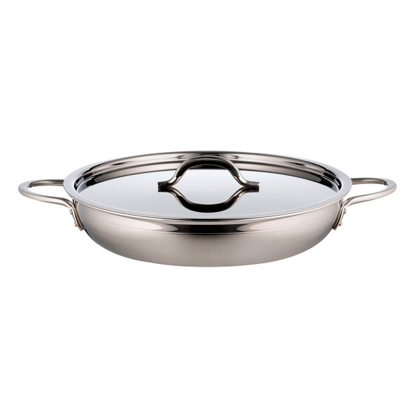 A silver stainless steel Bon Chef saute pan with a lid.