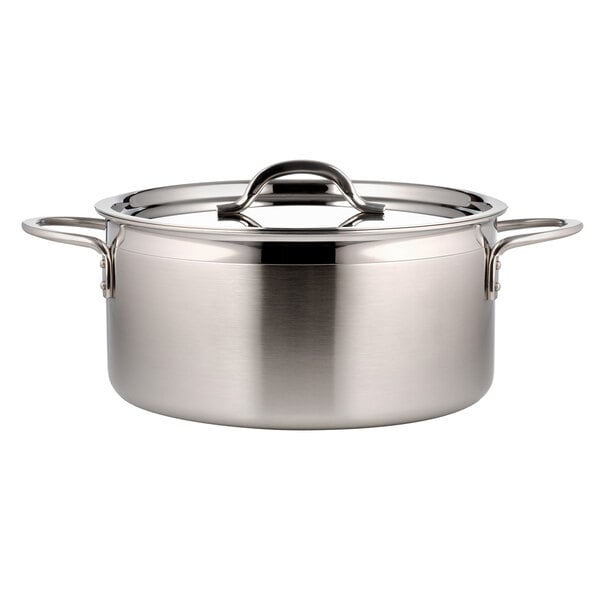 A Bon Chef stainless steel sauce pot with a lid.