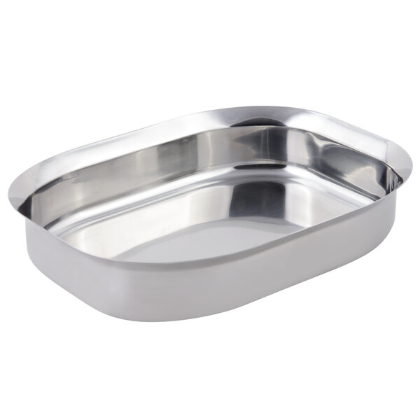 A Bon Chef stainless steel rectangular metal insert with a handle.