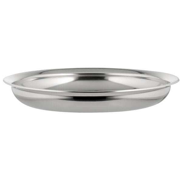 A close up of a stainless steel bowl with a round rim.